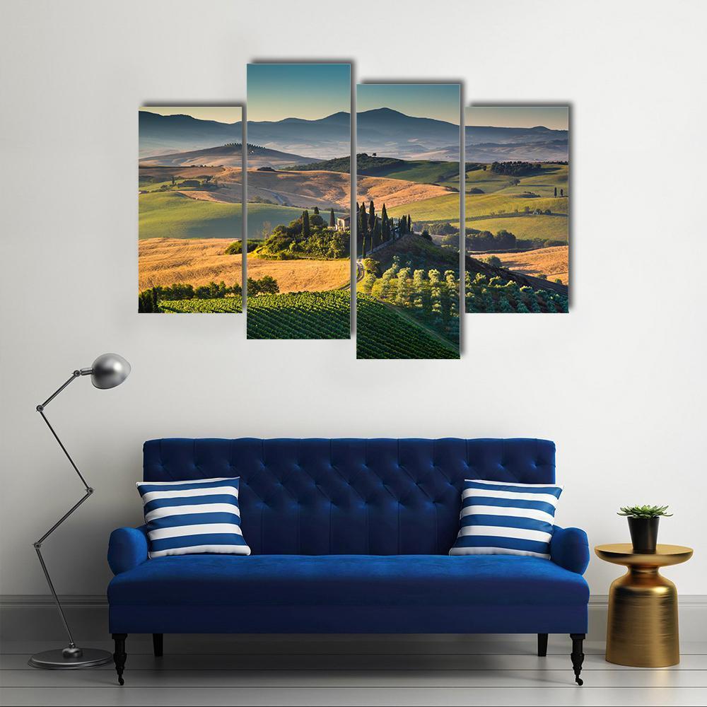 Rolling Hills And Valleys In Golden Morning Light Canvas Wall Art-4 Pop-Gallery Wrap-50" x 32"-Tiaracle