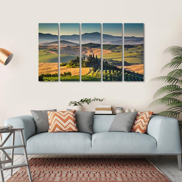 Rolling Hills And Valleys In Golden Morning Light Canvas Wall Art-5 Horizontal-Gallery Wrap-22" x 12"-Tiaracle