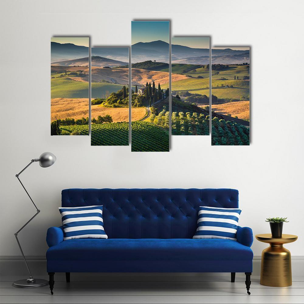 Rolling Hills And Valleys In Golden Morning Light Canvas Wall Art-5 Pop-Gallery Wrap-47" x 32"-Tiaracle