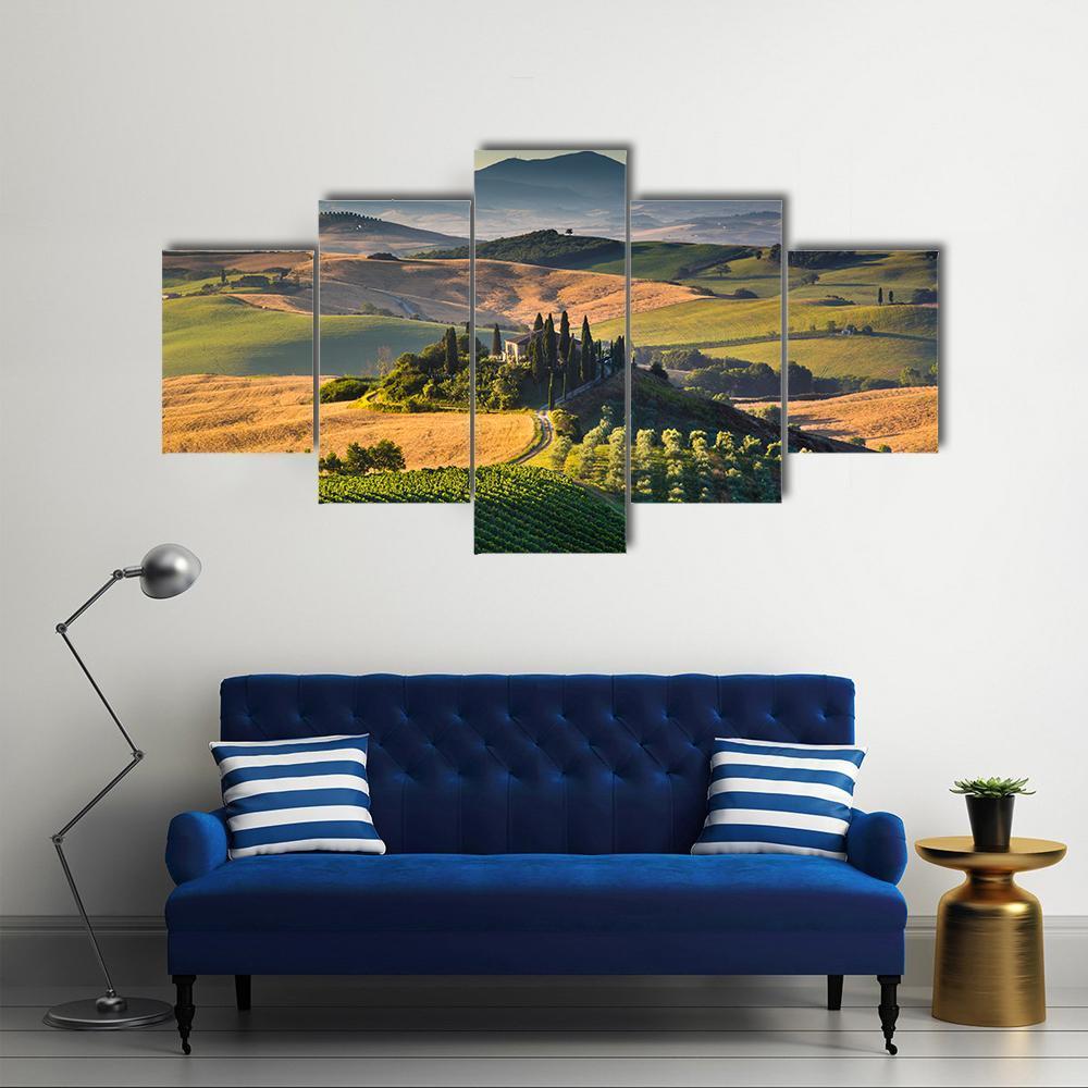 Rolling Hills And Valleys In Golden Morning Light Canvas Wall Art-5 Star-Gallery Wrap-62" x 32"-Tiaracle