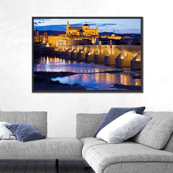 Roman Bridge &amp; Great Mosque Cordoba Canvas Wall Art-1 Piece-Floating Frame-36" x 24"-Tiaracle