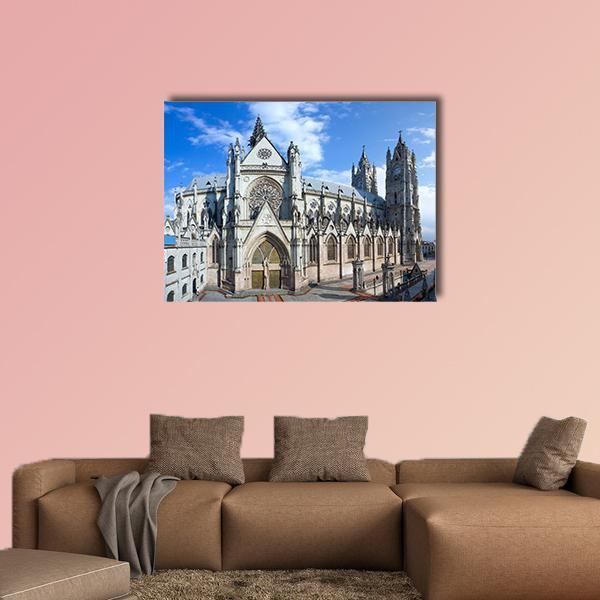 Gothic Cathedral Facade with Rose Window Canvas Wall Art in white, gray and blue, single panel hung on a wall