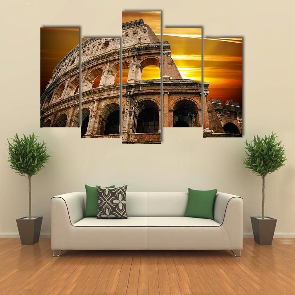 Roman Colosseum At Sunrise Canvas Wall Art-5 Pop-Gallery Wrap-47" x 32"-Tiaracle