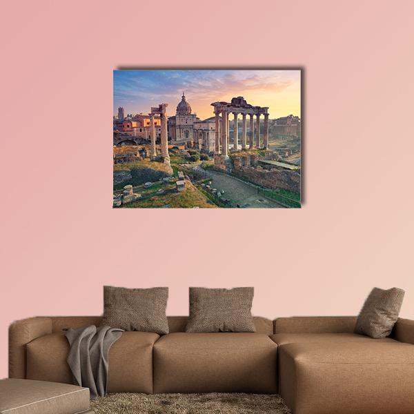 Roman Forum at Sunrise Canvas Wall Art in brown, orange and blue, single panel hung on a wall