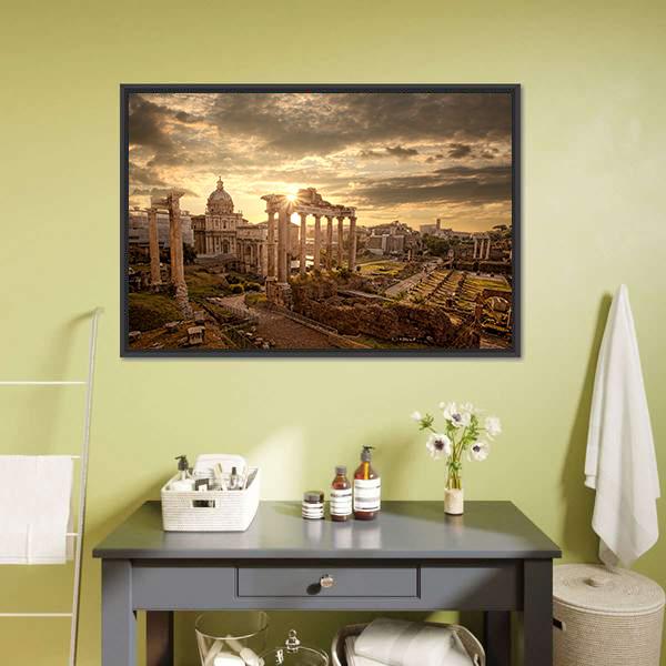 Roman Ruins at Sunset Canvas Wall Art in brown, gold and orange, framed canvas, product view on a white background
