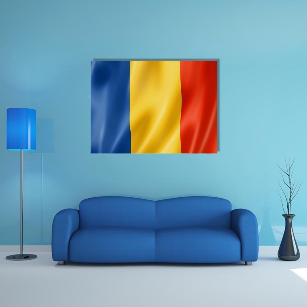 Romanian Flag with Wavy Fabric Texture Canvas Wall Art in red, yellow and blue, single panel hung on a wall