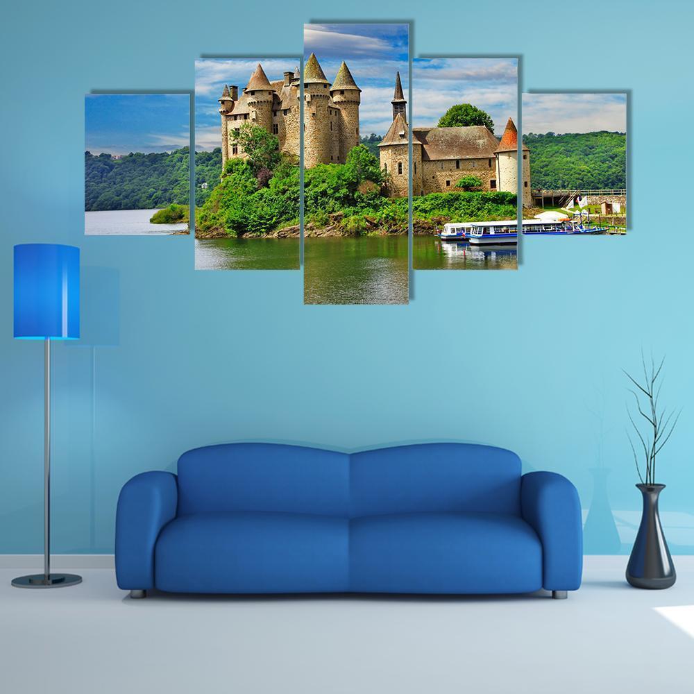 Romantic Castles of France Canvas Wall Art in gray, green and blue, 5 panel Star layout hung on a wall