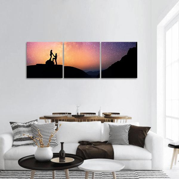 Romantic Couple Holding Hands In The Mountains Panoramic Canvas Wall Art-3 Piece-25" x 08"-Tiaracle