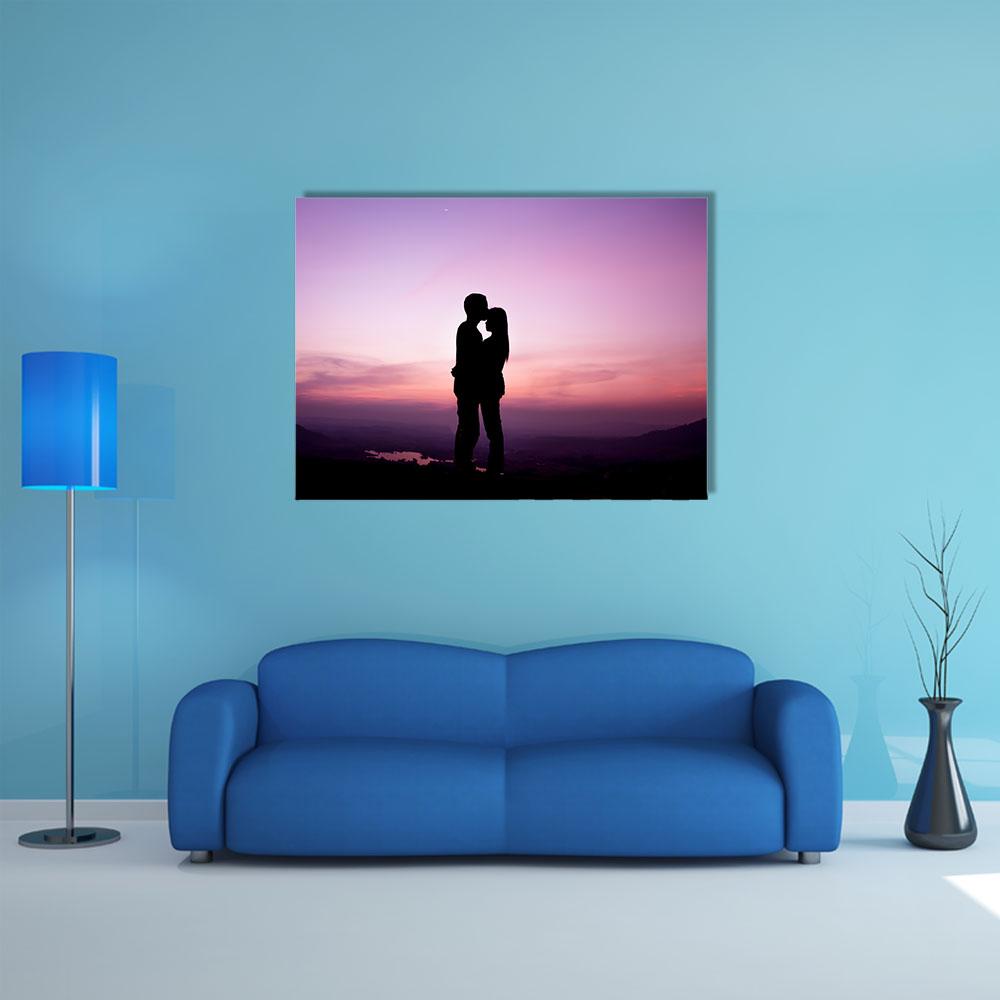 Romantic Couple Silhouette at Sunset Canvas Wall Art in black, purple and pink, single panel hung on a wall