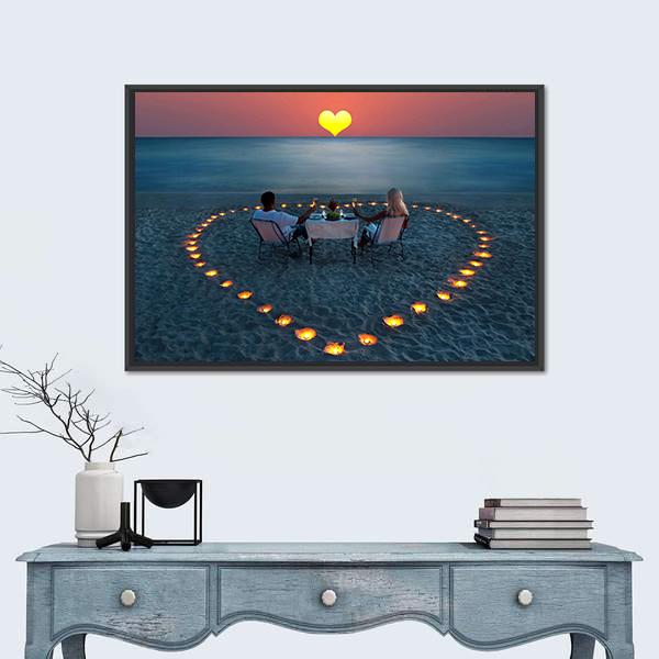 Romantic Dinner On Sea Sand Beach Canvas Wall Art-1 Piece-Floating Frame-36" x 24"-Tiaracle
