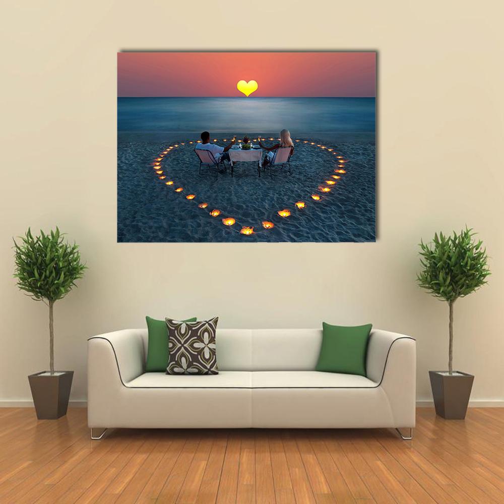 Romantic Dinner On Sea Sand Beach Canvas Wall Art-4 Horizontal-Gallery Wrap-34" x 24"-Tiaracle