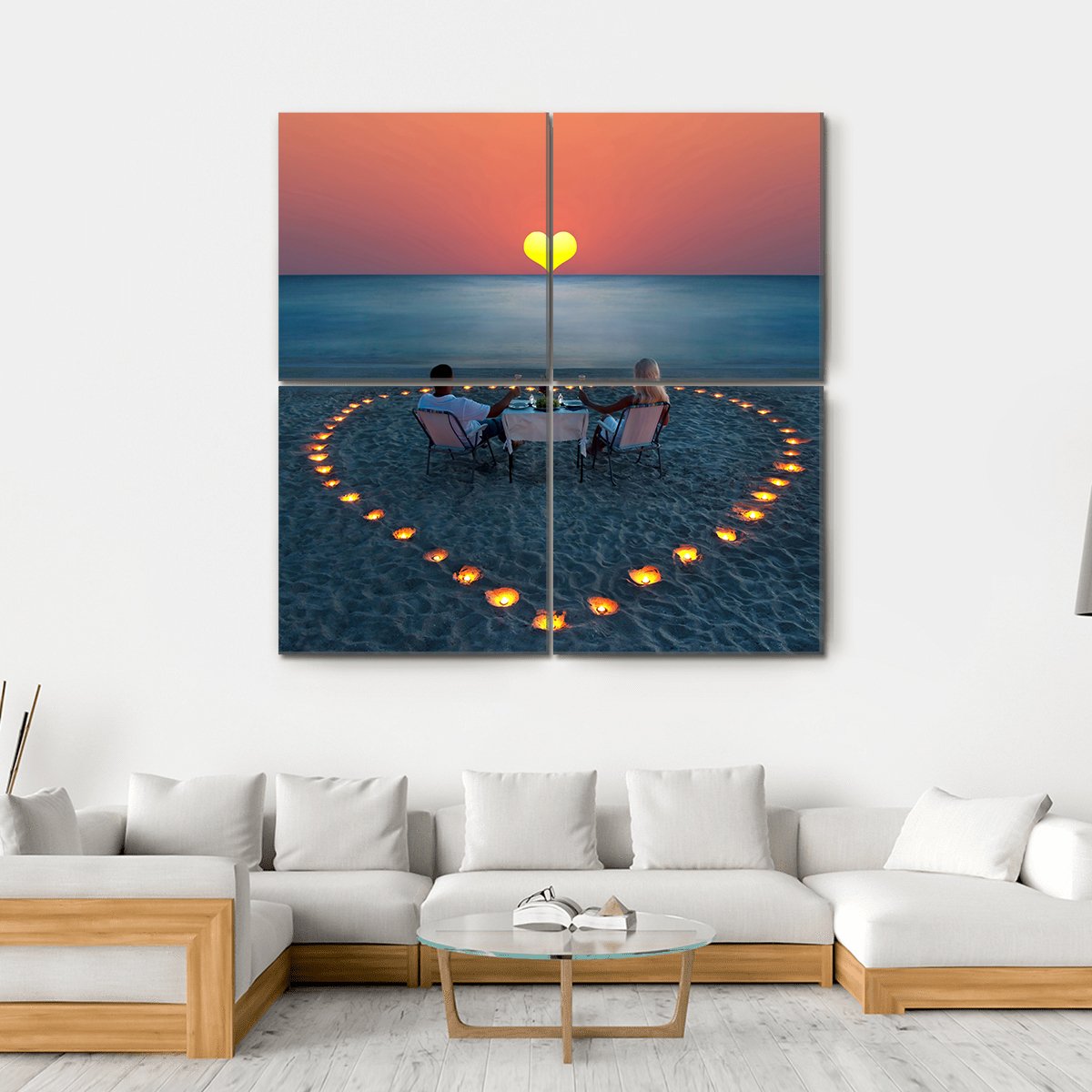 Romantic Dinner On Sea Sand Beach Canvas Wall Art-4 Square-Gallery Wrap-17" x 17"-Tiaracle