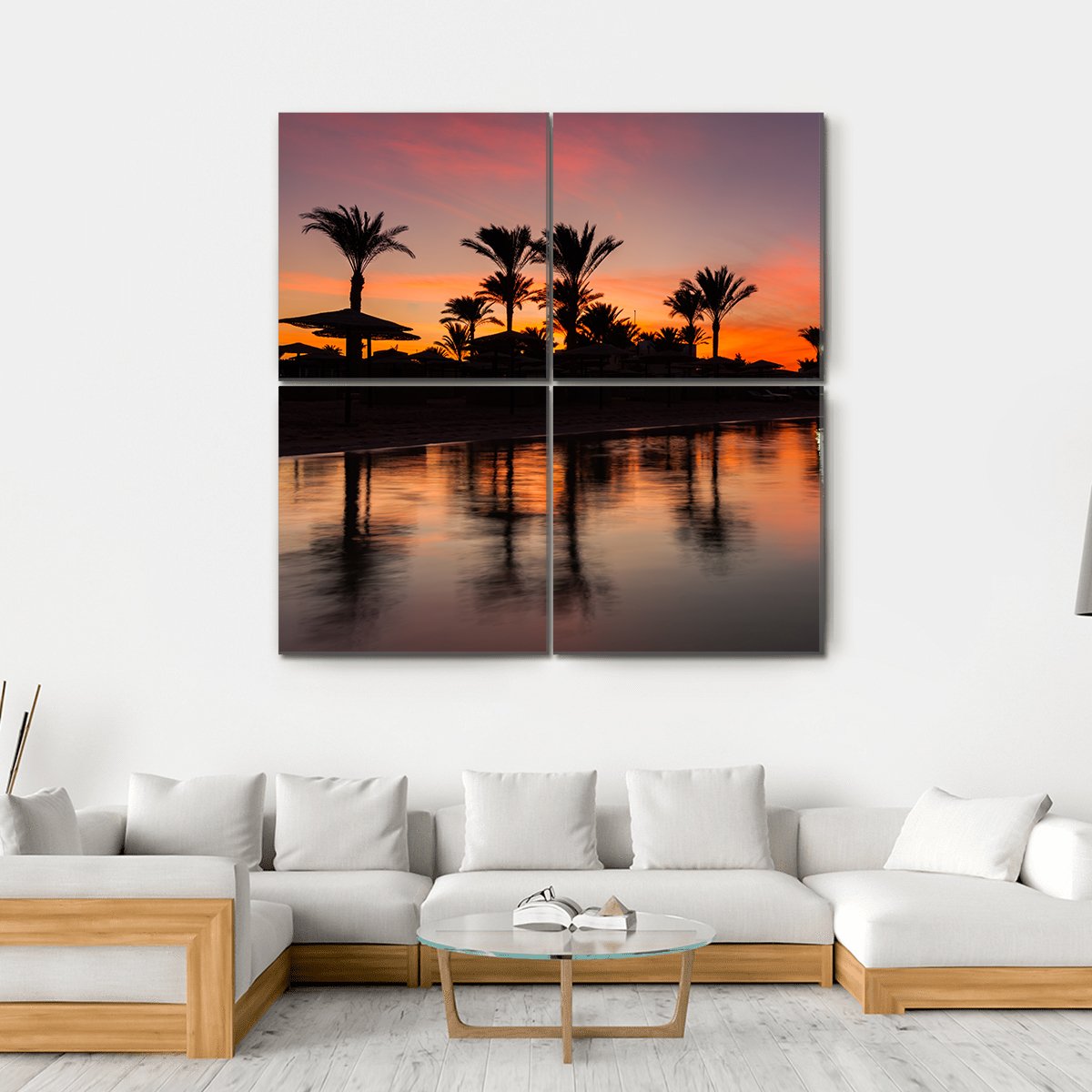 Romantic Sunset Over Sandy Beach Canvas Wall Art-4 Square-Gallery Wrap-17" x 17"-Tiaracle