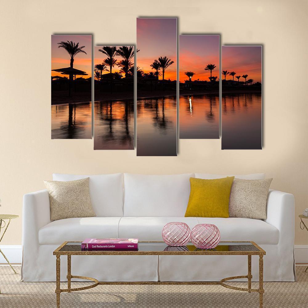 Romantic Sunset Over Sandy Beach Canvas Wall Art-5 Pop-Gallery Wrap-47" x 32"-Tiaracle