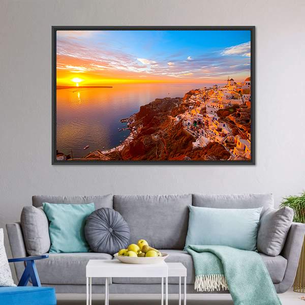 Romantic Sunsets In Santorini Canvas Wall Art-3 Horizontal-Gallery Wrap-25" x 16"-Tiaracle