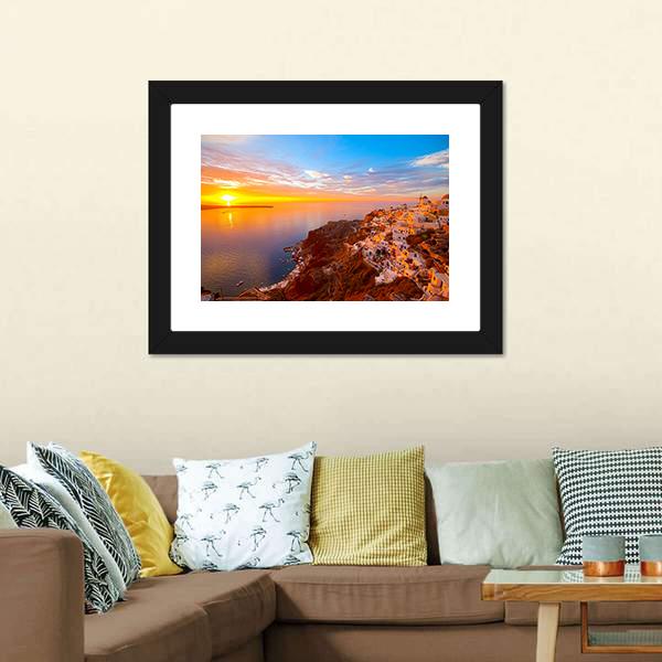 Romantic Sunsets In Santorini Canvas Wall Art-3 Horizontal-Gallery Wrap-25" x 16"-Tiaracle