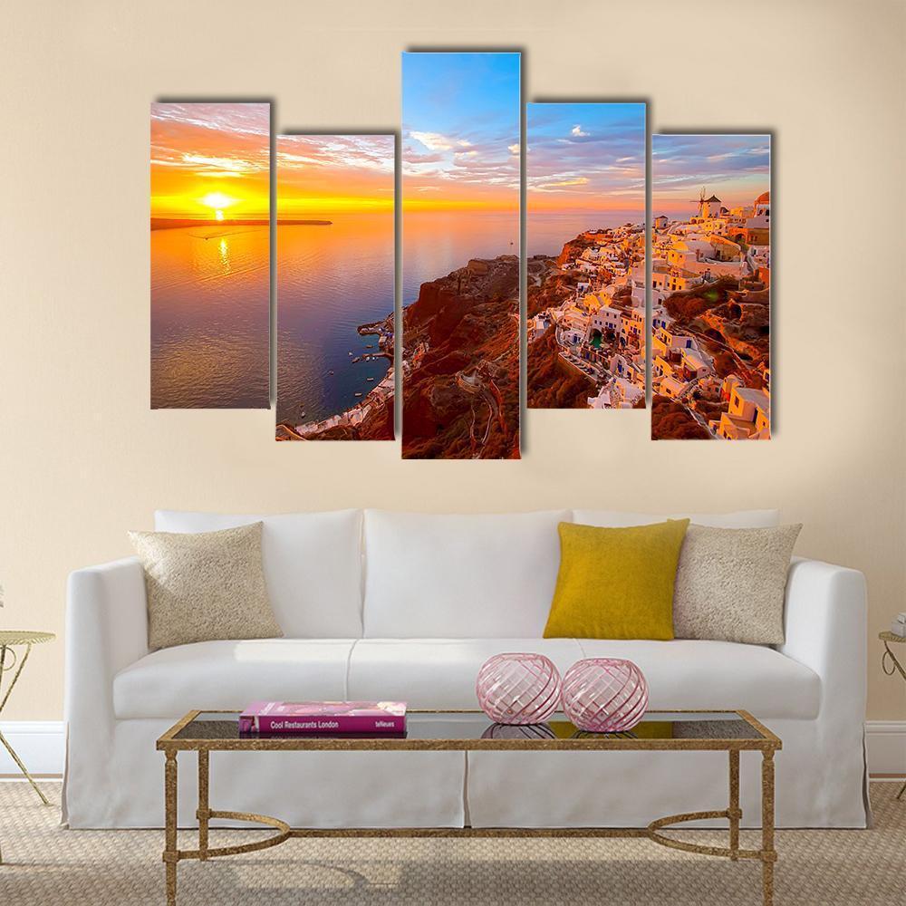 Romantic Sunsets In Santorini Canvas Wall Art-5 Pop-Gallery Wrap-47" x 32"-Tiaracle