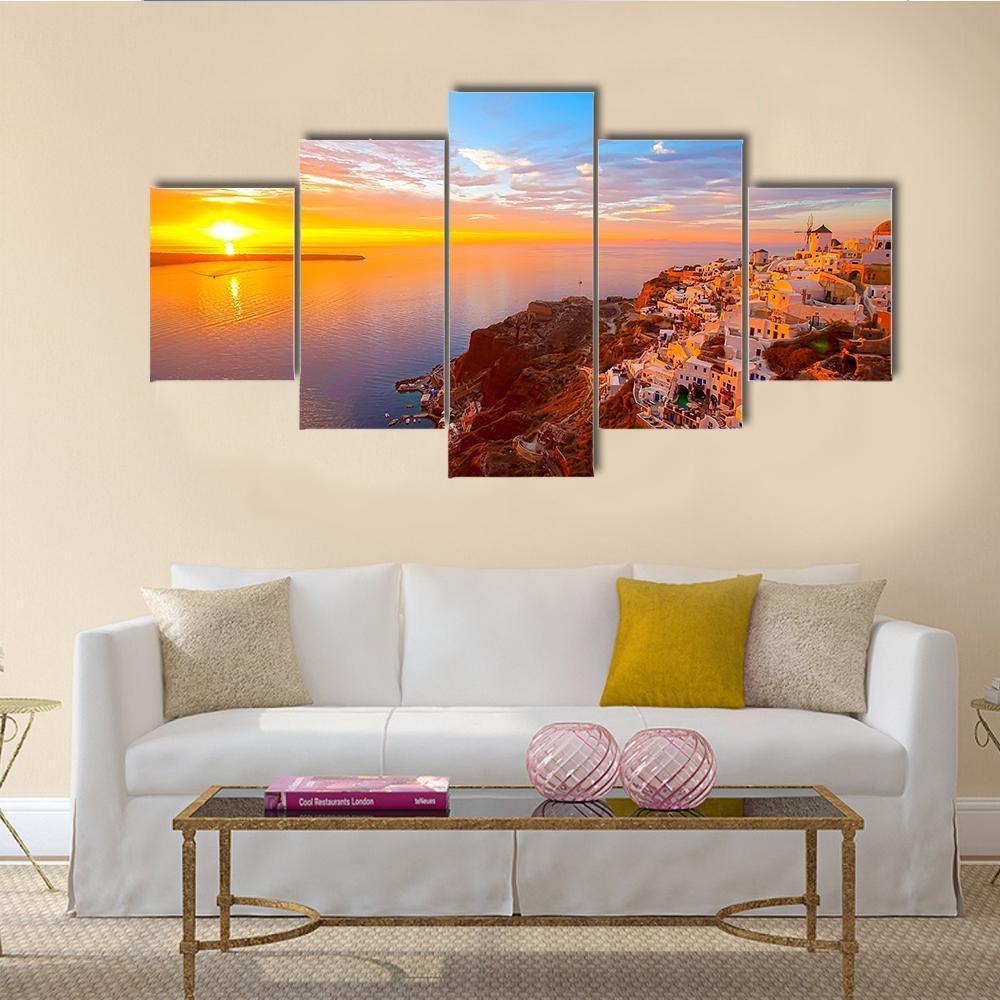 Romantic Sunsets In Santorini Canvas Wall Art-5 Star-Gallery Wrap-62" x 32"-Tiaracle