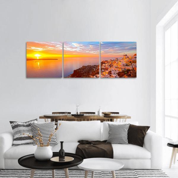 Romantic Sunsets In Santorini Panoramic Canvas Wall Art-3 Piece-25" x 08"-Tiaracle
