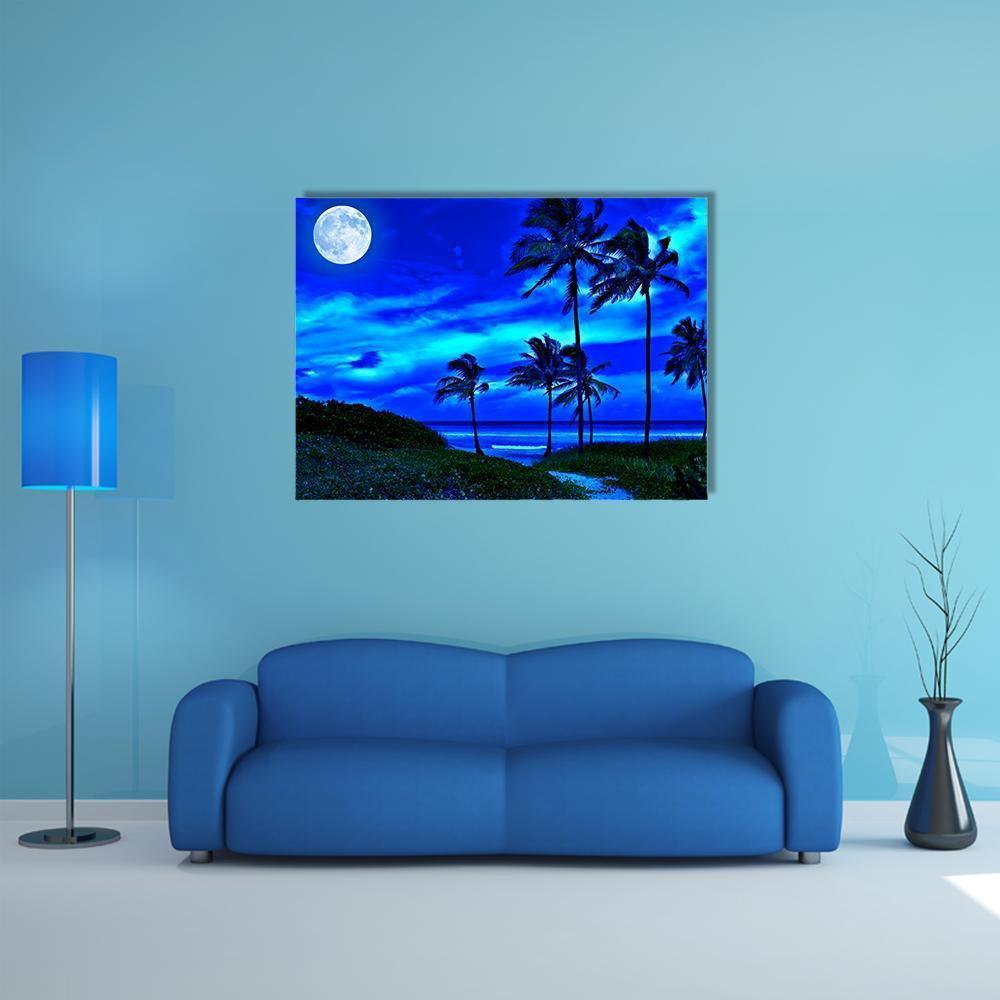 Romantic Tropical Beach At Night With A Bright Full Moon Canvas Wall Art-1 Piece-Gallery Wrap-48" x 32"-Tiaracle