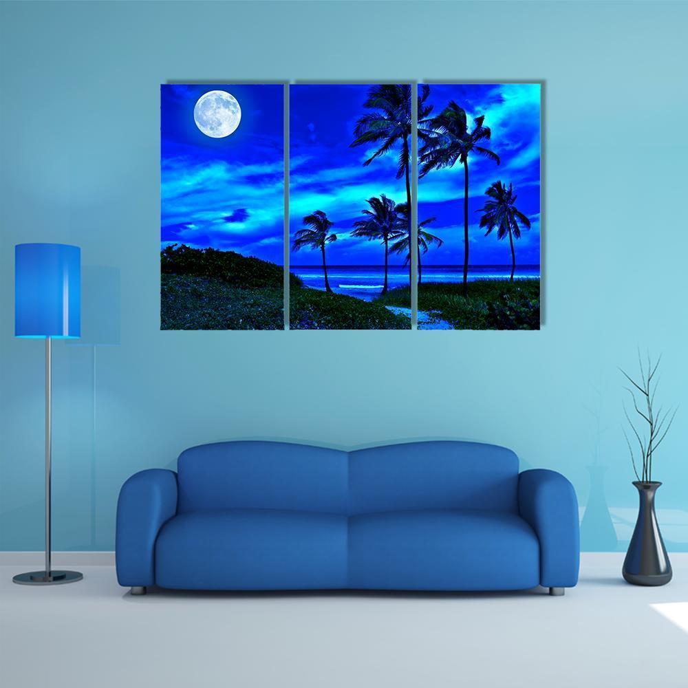 Romantic Tropical Beach At Night With A Bright Full Moon Canvas Wall Art-3 Horizontal-Gallery Wrap-37" x 24"-Tiaracle