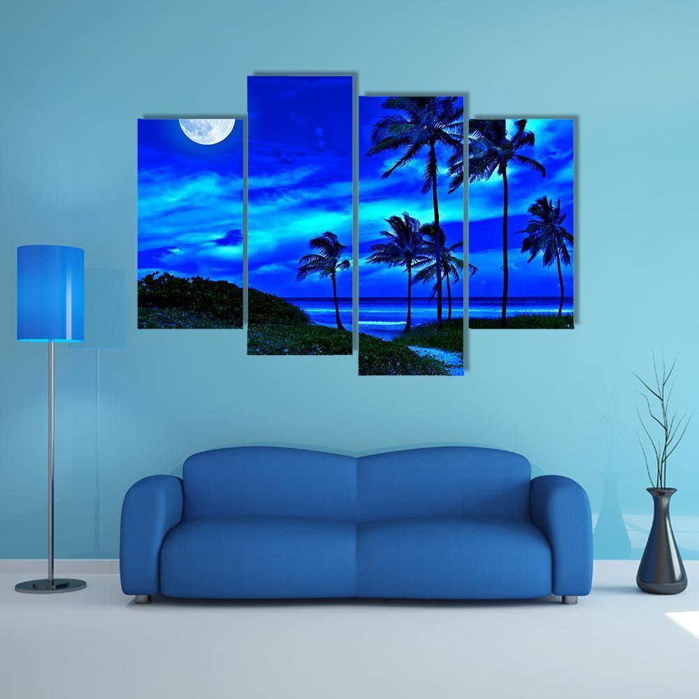 Romantic Tropical Beach At Night With A Bright Full Moon Canvas Wall Art-4 Pop-Gallery Wrap-50" x 32"-Tiaracle