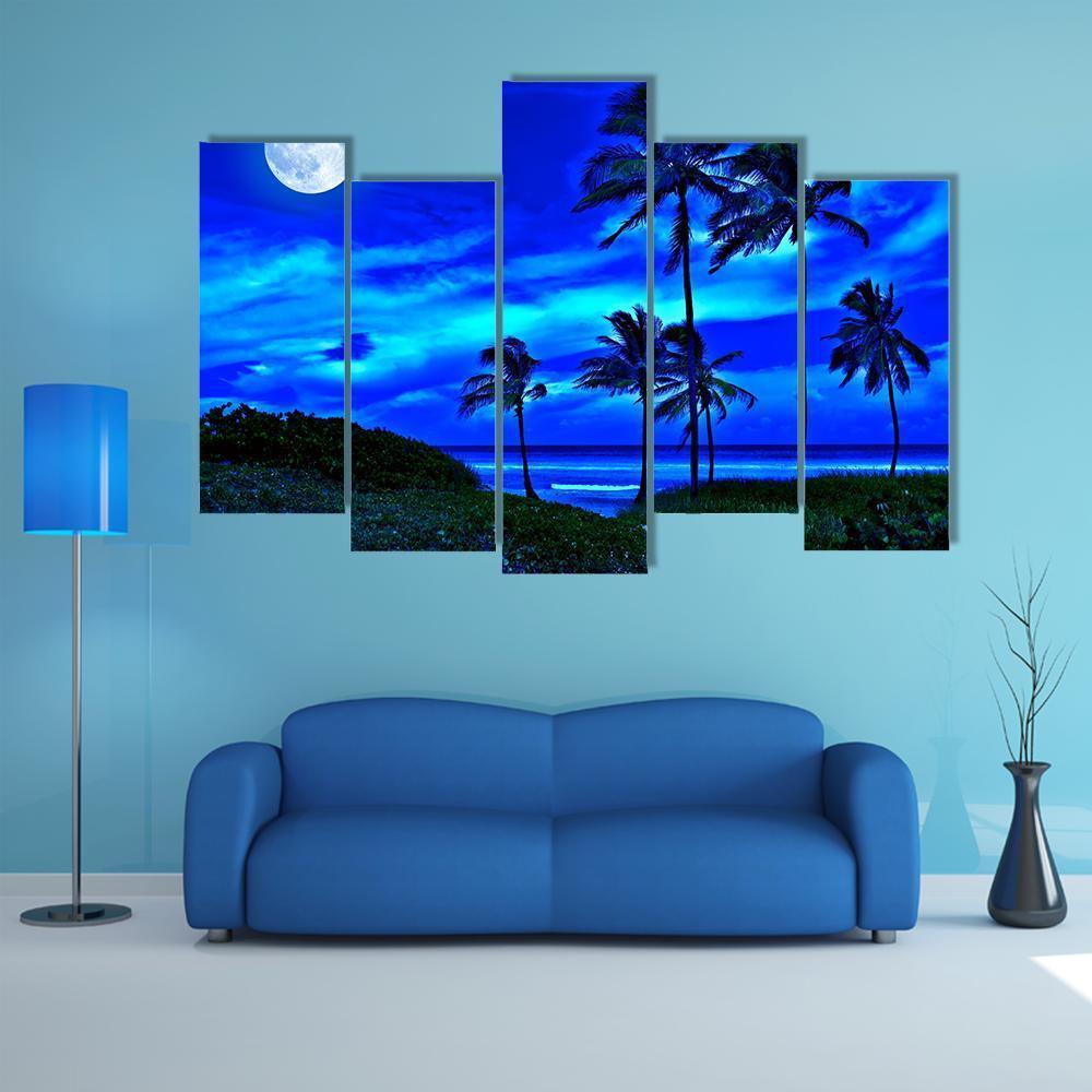 Romantic Tropical Beach At Night With A Bright Full Moon Canvas Wall Art-5 Pop-Gallery Wrap-47" x 32"-Tiaracle