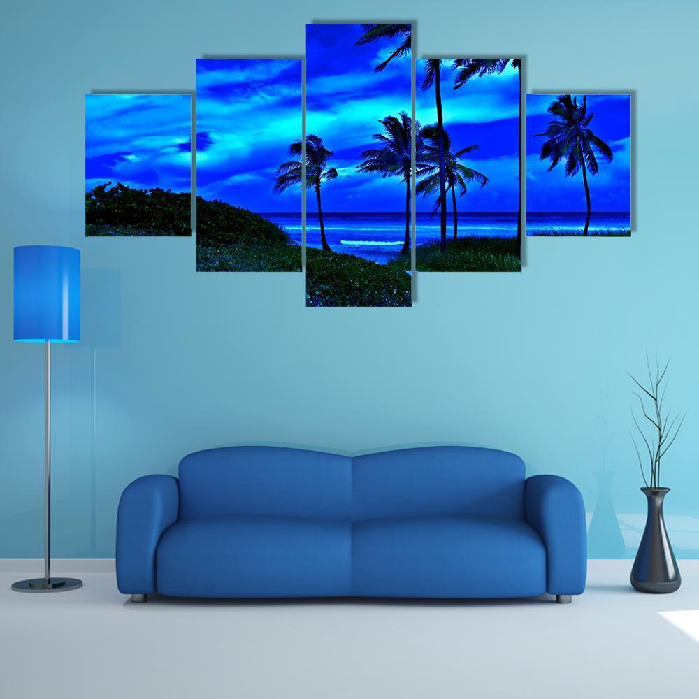 Romantic Tropical Beach At Night With A Bright Full Moon Canvas Wall Art-5 Star-Gallery Wrap-62" x 32"-Tiaracle