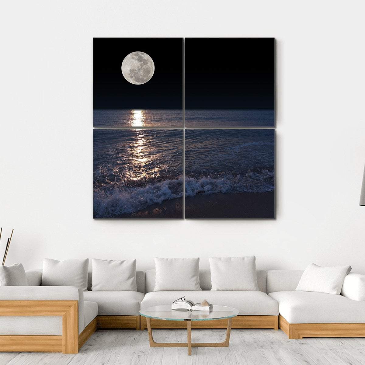 Romantic Tropical Beach With Beautiful Full Moon Canvas Wall Art-4 Square-Gallery Wrap-17" x 17"-Tiaracle