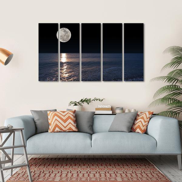 Romantic Tropical Beach With Beautiful Full Moon Canvas Wall Art-5 Horizontal-Gallery Wrap-22" x 12"-Tiaracle