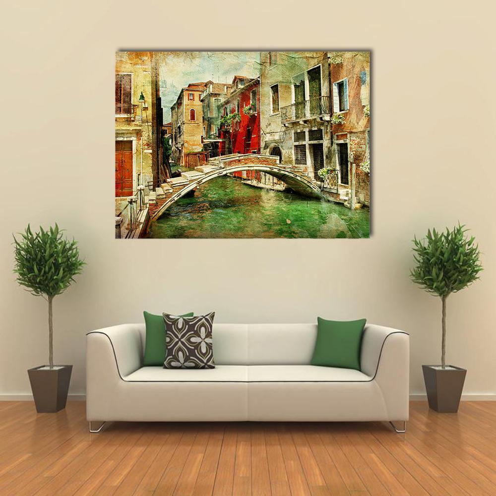 Picturesque Venice Canal with Vintage Style Canvas Wall Art in beige, brown and green, single panel hung on a wall