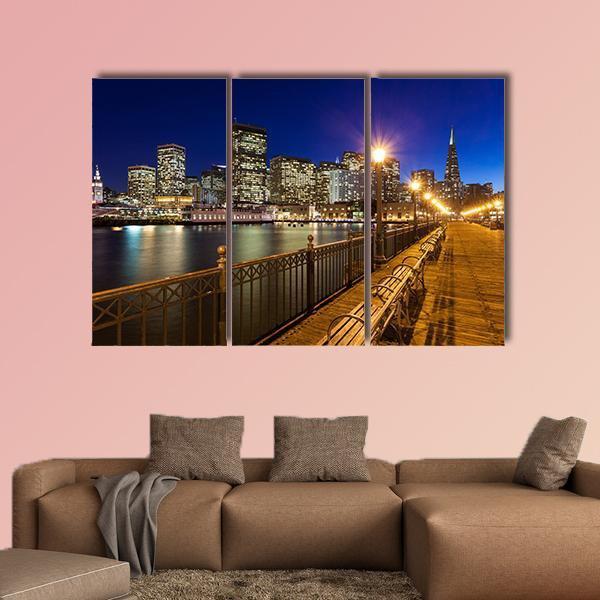 Romantic View Of San Francisco At Night From Pier 7 Canvas Wall Art-3 Horizontal-Gallery Wrap-25" x 16"-Tiaracle