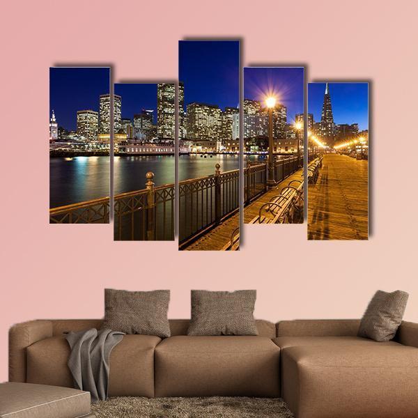Romantic View Of San Francisco At Night From Pier 7 Canvas Wall Art-5 Pop-Gallery Wrap-47" x 32"-Tiaracle
