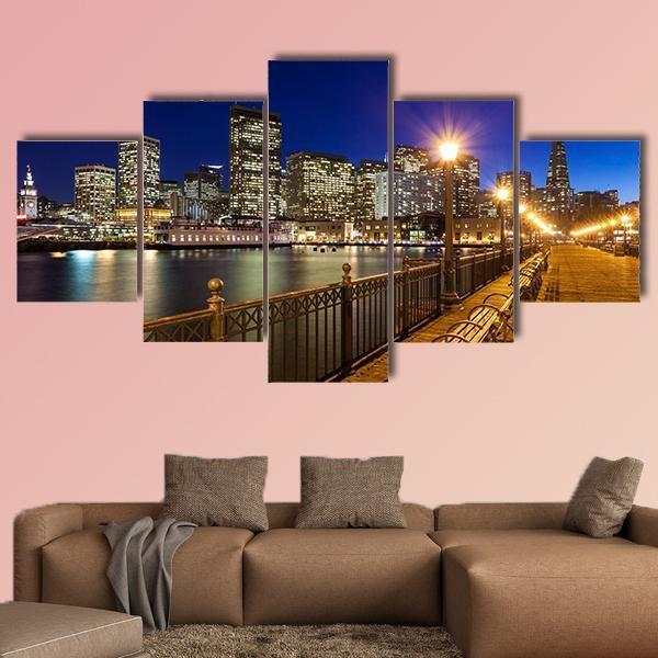 Romantic View Of San Francisco At Night From Pier 7 Canvas Wall Art-5 Star-Gallery Wrap-62" x 32"-Tiaracle