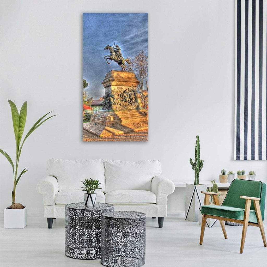 Equestrian Statue in Rome Vertical Canvas Wall Art in beige, brown and blue, single vertical panel hung on a wall