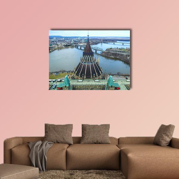 Library of Parliament, Ottawa Canvas Wall Art in gray, brown and blue, single panel hung on a wall