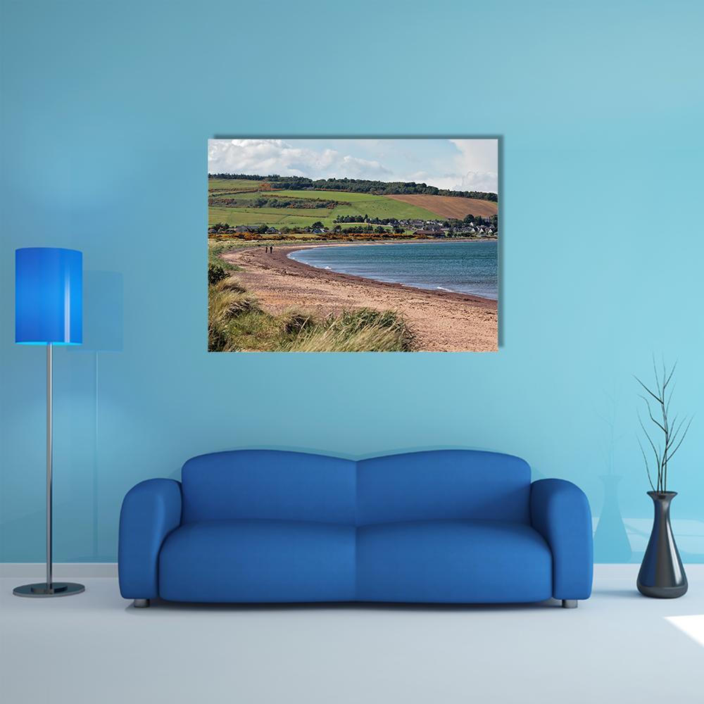 Rosemarkie Bay Beach Scene Canvas Wall Art in brown, green and blue, single panel hung on a wall