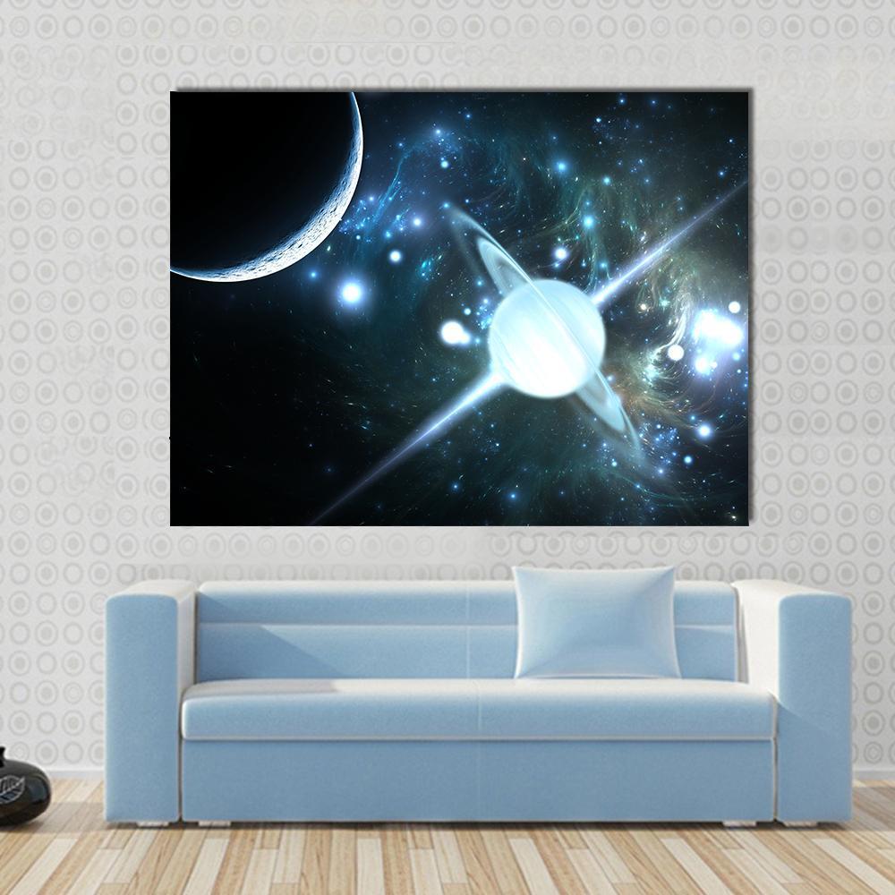 Rotating Neutron Star Canvas Wall Art in black, white and blue, single panel hung on a wall