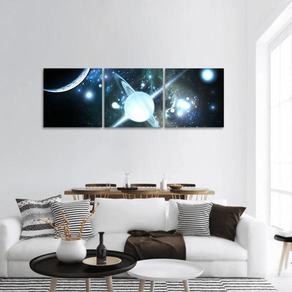 Rotating Neutron Star Panoramic Canvas Wall Art in black, white and blue, hung on a wall