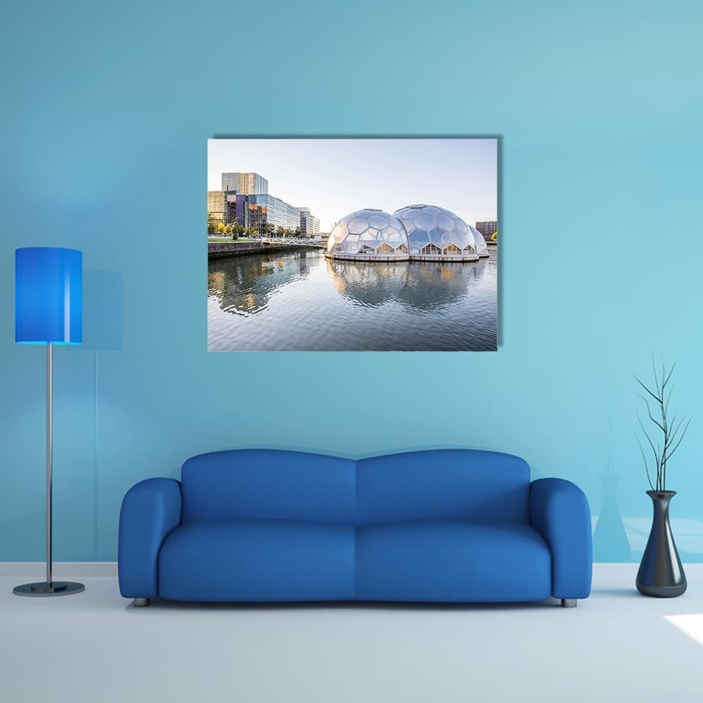 Rotterdam Modern Waterfront Cityscape Canvas Wall Art in white, gray and blue, single panel hung on a wall