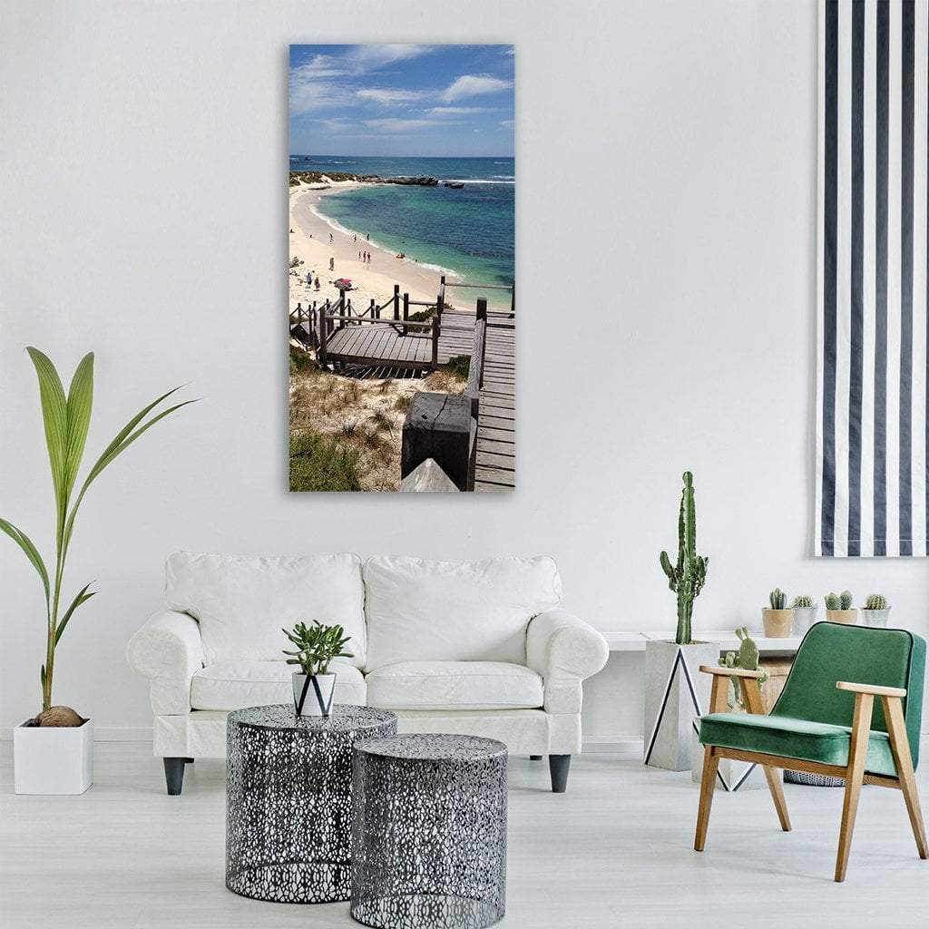 Rottnest Island Beach Boardwalk Vertical Canvas Wall Art in beige, brown and blue, single vertical panel hung on a wall