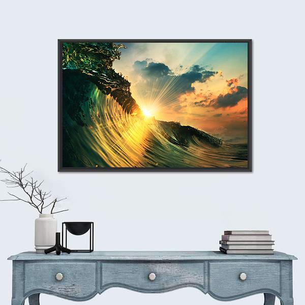 Rough Colored Ocean wave At Sunset Time Canvas Wall Art-1 Piece-Floating Frame-24" x 16"-Tiaracle