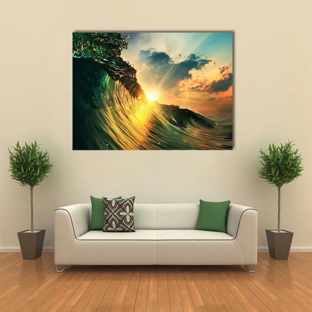 Rough Colored Ocean wave At Sunset Time Canvas Wall Art-4 Pop-Gallery Wrap-50" x 32"-Tiaracle