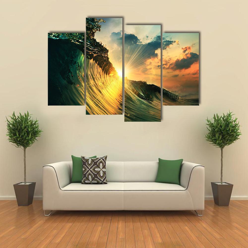 Rough Colored Ocean wave At Sunset Time Canvas Wall Art-4 Pop-Gallery Wrap-50" x 32"-Tiaracle