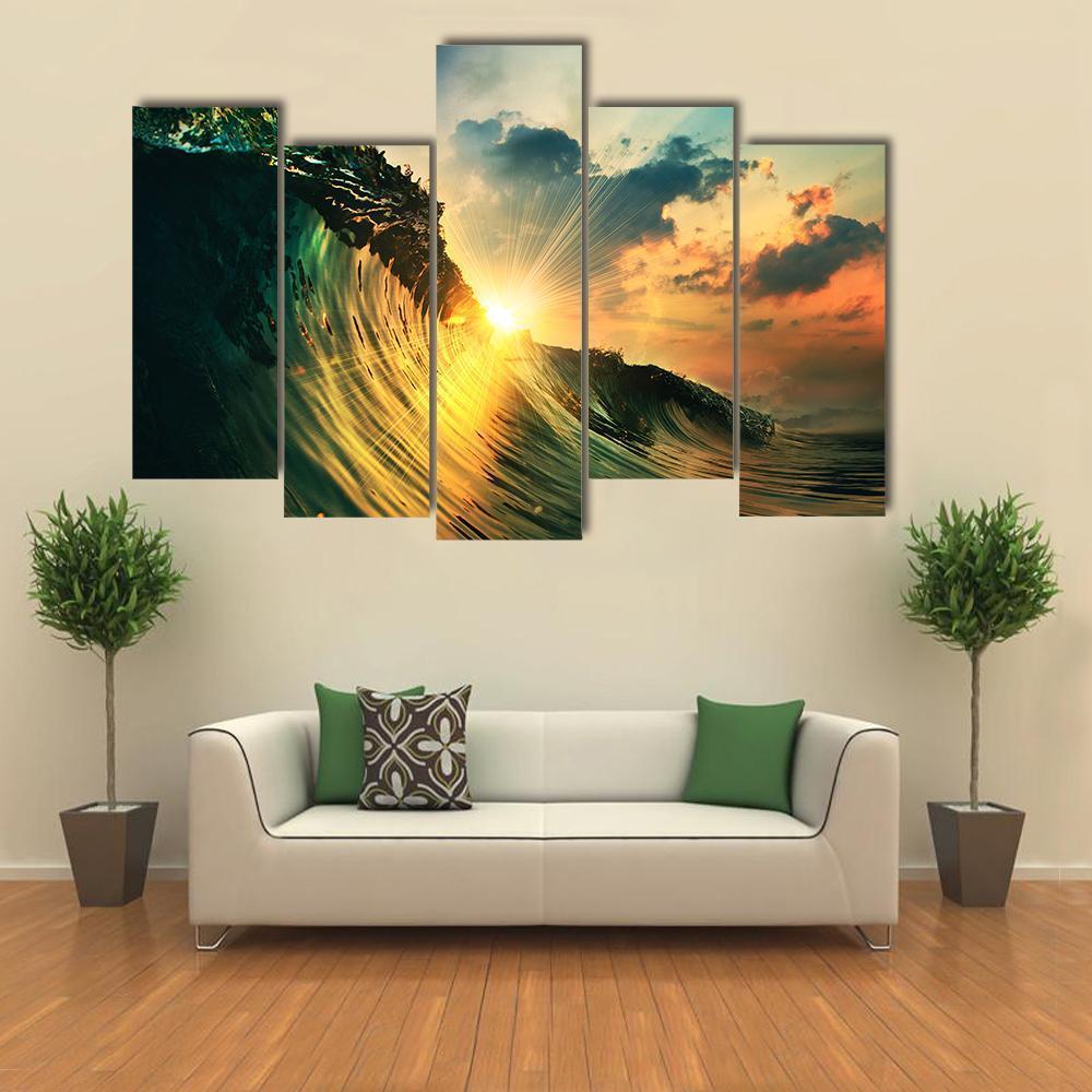 Rough Colored Ocean wave At Sunset Time Canvas Wall Art-5 Pop-Gallery Wrap-47" x 32"-Tiaracle