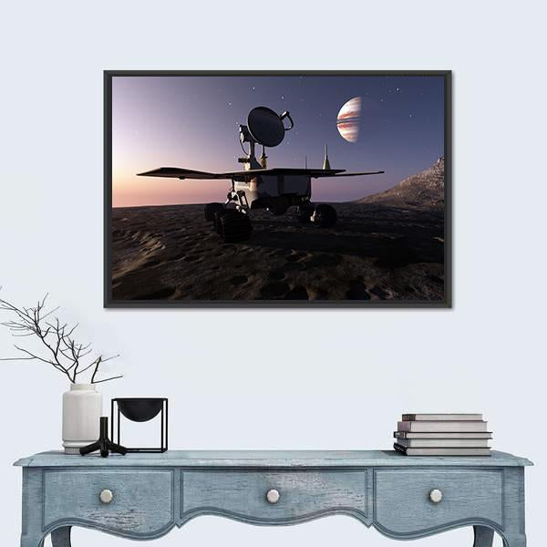 Rover on Jupiter Moon Canvas Wall Art in black, orange and purple, framed canvas, product view on a white background