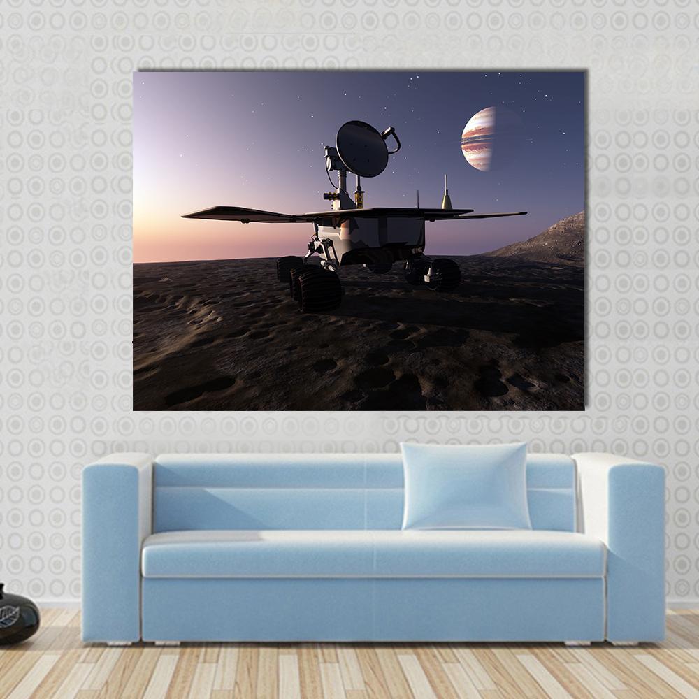Rover on Jupiter's Moon Canvas Wall Art in black, brown and purple, single panel hung on a wall