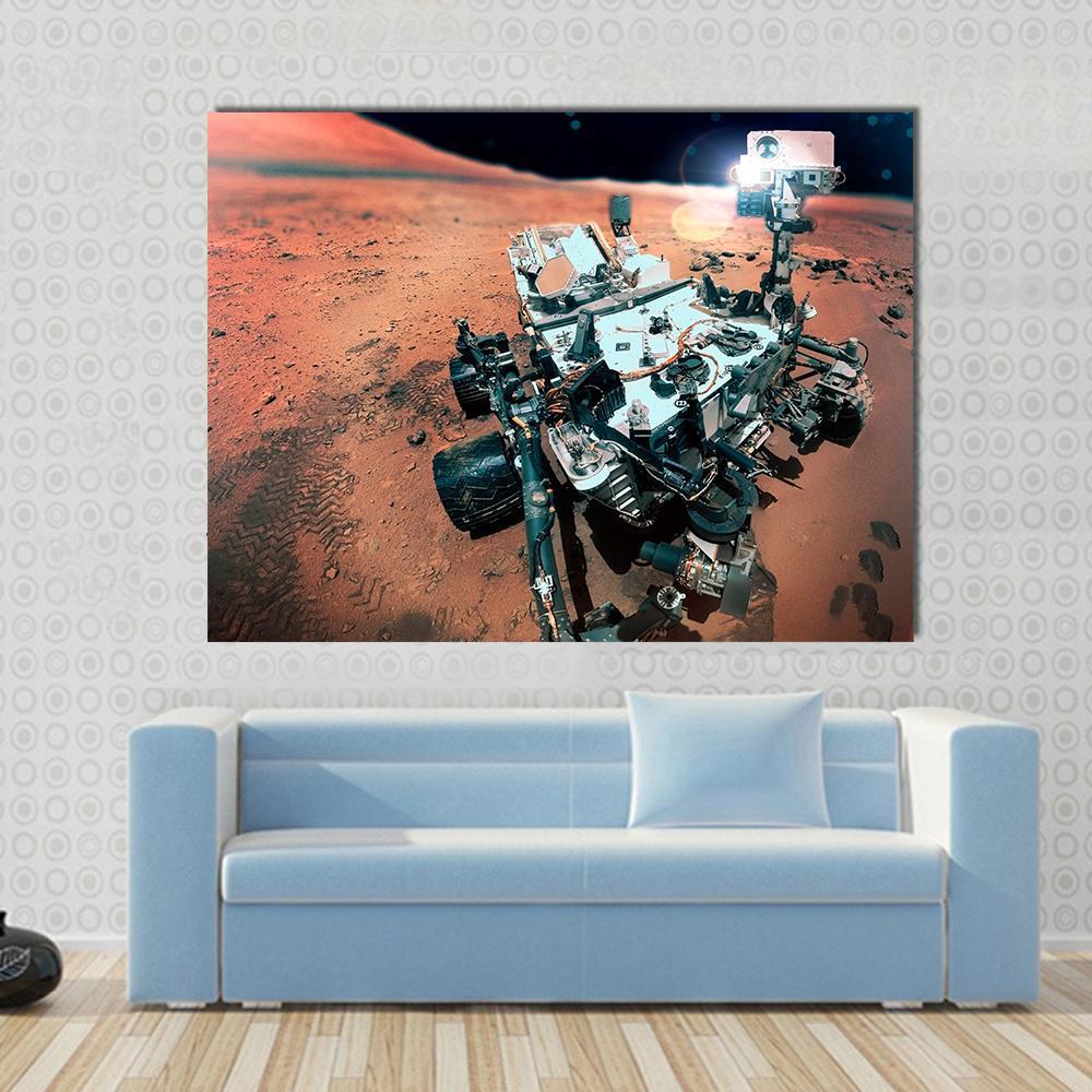Mars Rover on Martian Surface Canvas Wall Art in gray, red and orange, single panel hung on a wall