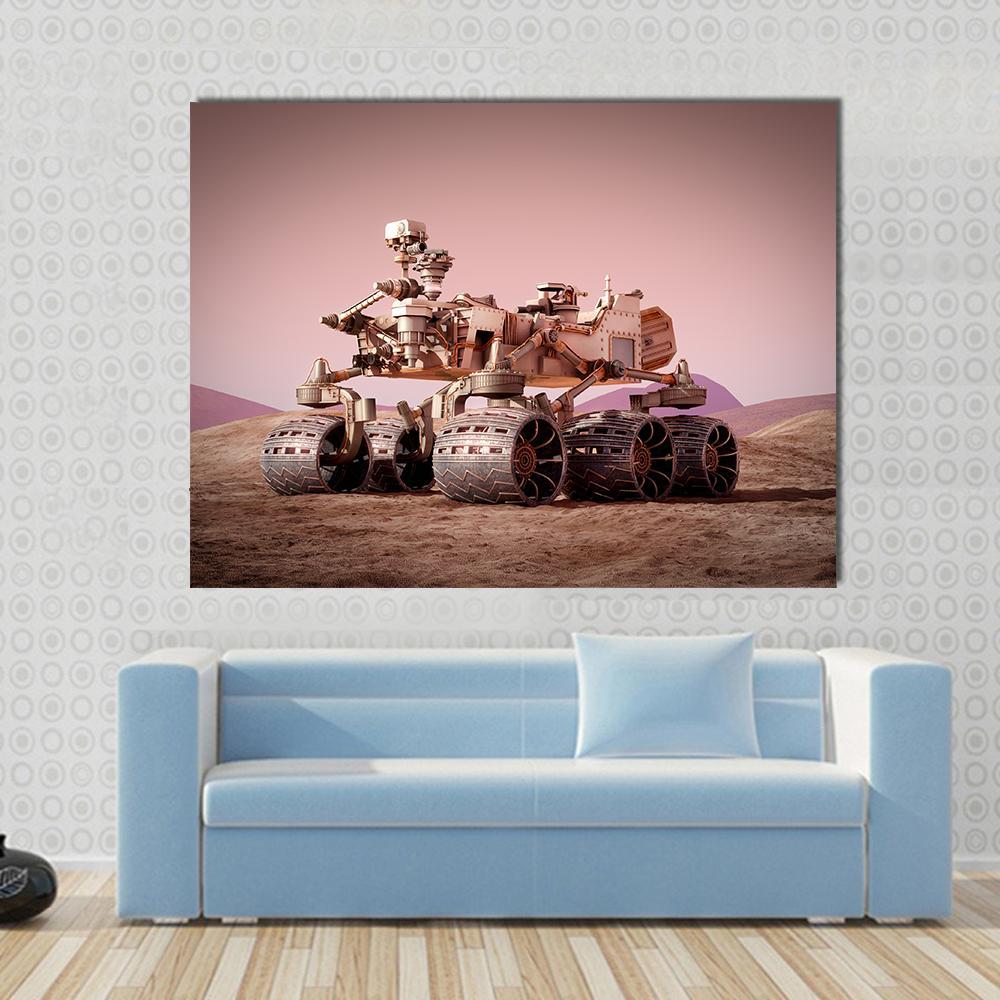 Rover on Planet Mars Canvas Wall Art in beige, brown and pink, single panel hung on a wall