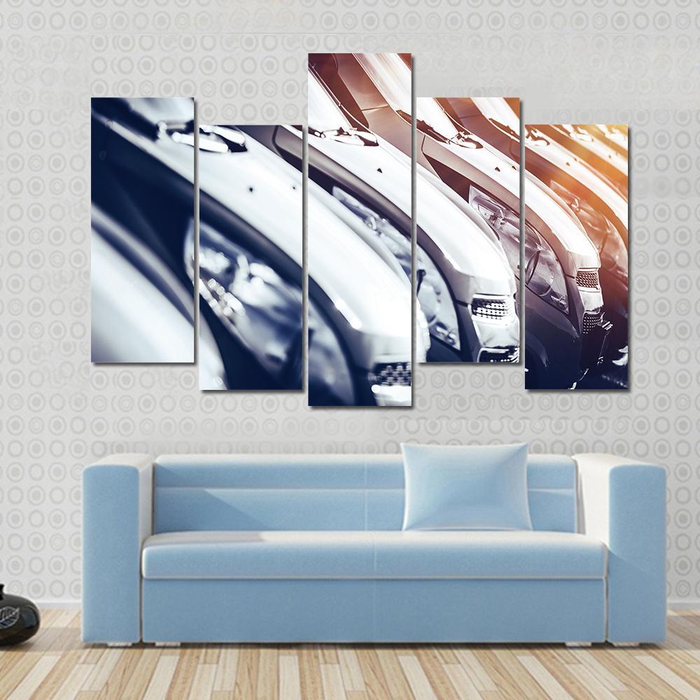 Row Of Brand New Cars For Sale Canvas Wall Art-5 Pop-Gallery Wrap-47" x 32"-Tiaracle